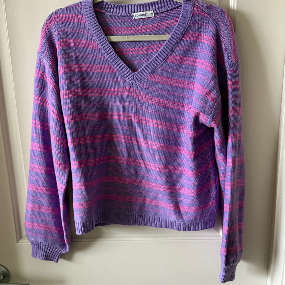 BOHOBLU  Purple and Pink Striped V-Neck Sweater